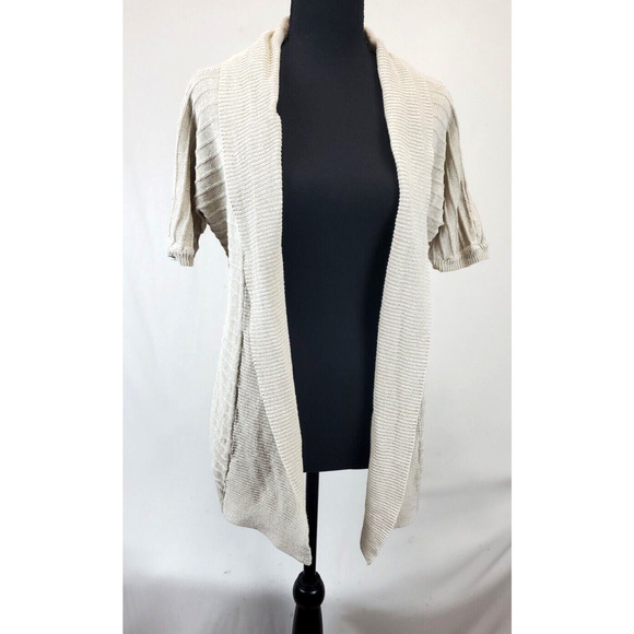 Ann Taylor Linen Blend Open Cardigan Women MP Lightweight Short Sleeve Beige - Picture 2 of 10